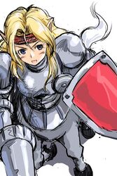  armor blonde_hair blonde_hair blue_eyes camelot centaur centauress headband lance mae_(shining_force) may monster_girl pointy_ears polearm sega shield shining_(series) shining_force spear weapon 