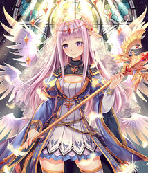  beads blue_skirt blush breasts cha_chazi cleavage commentary_request cowboy_shot dress feathers female gem hair_beads hair_ornament head_wings jewelry light_purple_hair long_hair looking_at_viewer luoxuan_jingjie_xian medium_breasts multiple_wings necklace official_art original photoshop_(medium) puffy_sleeves purple_eyes robe skirt smile solo staff thighhighs veil wings zettai_ryouiki 