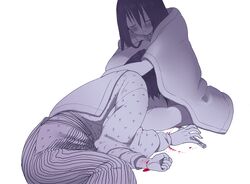  1boy bad_id bad_pixiv_id black_hair blanket blood blush female itoshiki_nozomu japanese_clothes kimono komori_kiri long_hair momo_uzura monochrome sayonara_zetsubou_sensei spot_color wrist_cutting 