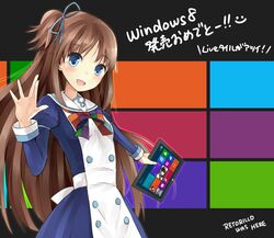  absurdres artist_name bad_id bad_pixiv_id blue_eyes bow brown_hair dress female hair_ribbon highres madobe_ai microsoft microsoft_surface microsoft_windows os-tan personification retorillo ribbon salute side_ponytail smile smiley_face solo tablet_pc text_focus translated vulcan_salute windows_8 