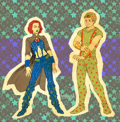  1boy avengers_(series) brown_hair clint_barton commentary_request cosplay female feriowind hat hood hoodie johnny_joestar johnny_joestar_(cosplay) jojo_no_kimyou_na_bouken kujo_jolyne kujo_jolyne_(cosplay) lipstick long_coat makeup marvel marvel_cinematic_universe midriff natasha_romanoff parody photoshop_(medium) red_hair sleeves_rolled_up steel_ball_run stone_ocean 