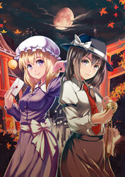  2girls architecture armband autumn autumn_leaves black_eyes black_hair black_skirt blonde_hair bow breasts cloud collared_shirt commentary_request dress east_asian_architecture envelope fedora fireworks frilled_shirt_collar frills gradient_eyes hand_in_own_hair hand_up hat hat_bow highres iyokamioto lantern leaf long_skirt maple_leaf maribel_hearn mob_cap moon multicolored_eyes multiple_girls necktie night night_sky paper_lantern people photoshop_(medium) pocket_watch purple_dress purple_eyes red_moon red_necktie scrunchie serious shirt side-by-side skirt sky small_breasts smile sparkle star_(sky) tie_clip torii touhou tree usami_renko vanishing_point watch white_bow 