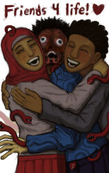  5_fingers black_hair blue_clothing blue_shirt blue_topwear bottomwear brown_body brown_skin clip_studio_paint_(artwork) closed_eyes clothing cross-eyed digital_drawing_(artwork) digital_media_(artwork) english_text eugene_(look_outside) female fingers freckled_face freckles grey_clothing grey_shirt grey_topwear group group_hug hair headgear headwear heart_symbol hi_res hijab hug hugging_another humanoid interspecies_romance long_tongue look_outside male messy_hair monster monstrous_humanoid nestor_(look_outside) open_mouth polyamory possession rafta_(look_outside) red_bottomwear red_clothing red_headwear red_hijab red_skirt red_text religious_clothing religious_headwear sharp_teeth shirt simple_background skirt smile spoiler sweaty_hands teeth text tongue topwear trio white_background z0mbiemiracle 
