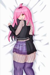  1_girl back_boobs back_view blush blush_lines chains choker dakimakura dakimakura_(medium) dakimakura_design dakimakura_pose fishnet_pantyhose fishnets gigantic_breasts goth_girl latam_virtual_youtuber light-skinned_female long_hair lying neneefthy orange_eyes pink_hair socks thick_thighs two_tone_hair virtual_youtuber voluptuous_female vtuber vtuberfanart 