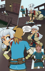  1boy 1girls big_ass big_breasts blush breath_of_the_wild brown_eyes clothed comic link link_(breath_of_the_wild) nintendo paya_(the_legend_of_zelda) schpicy sheikah surprise the_legend_of_zelda white_hair 