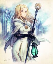  artist_name black_gloves blonde_hair breasts brooch brown_eyes cape commentary_request dress elbow_gloves female floating_hair gloves holding holding_lamp holding_staff jewelry long_dress looking_at_viewer medium_breasts medium_hair octopath_traveler octopath_traveler_i ophilia_clement parted_lips satou_kivi solo staff white_cape white_dress 