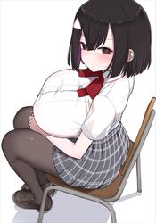  akitokage black_hair bow bowtie breasts brown_eyes brown_footwear chair female highres huge_breasts medium_hair original pantyhose plaid plaid_skirt red_bow red_bowtie school_uniform shirt sitting skirt solo white_shirt 