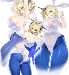  animal_ears armpits arms_up ass blonde_hair blue_eyes blue_pantyhose braid breasts cameltoe colorado_(kancolle) commentary_request crown_braid fake_animal_ears fake_tail female headgear high_heels highleg highleg_leotard kantai_collection kiyama_satoshi large_breasts leotard looking_at_viewer multiple_views pantyhose playboy_bunny rabbit_ears rabbit_tail short_hair tail v white_background white_footwear white_leotard white_wrist_cuffs wrist_cuffs 