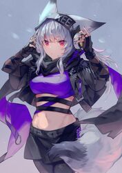  animal_ears arknights black_gloves black_jacket black_nails black_pantyhose black_scarf black_skirt breasts clothes_writing cropped_jacket female fingerless_gloves fox_ears fox_girl fox_tail frostleaf_(arknights) frostleaf_(breaking_the_ice)_(arknights) gloves grey_hair headphones jacket jewelry looking_at_viewer medium_breasts midriff multiple_rings official_alternate_costume open_clothes open_jacket pantyhose parted_lips purple_shirt red_eyes ring sasa_onigiri scarf shirt skirt solo tail 