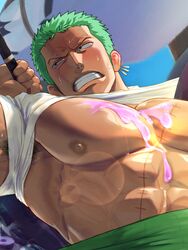  1boy alternate_pectoral_size anger_vein armpit_hair armpit_peek bara bare_shoulders clenched_teeth clothes_lift cropped food_on_body food_on_pectorals fumio_(snnmfmw) green_hair highres large_pectorals long_sideburns looking_to_the_side male_focus midriff_sarashi muscular muscular_male nipples nude one_piece pectorals roronoa_zoro sarashi scar scar_across_eye shirt_lift short_hair sideburns solo stitches sweat teeth upper_body 