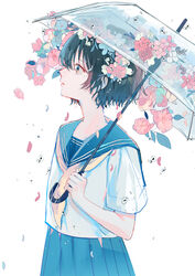  absurdres black_hair blue_eyes blue_sailor_collar blue_skirt female flower from_side hagimorijia hair_flower hair_ornament highres holding holding_umbrella looking_to_the_side multicolored_eyes neckerchief orange_eyes original petals pink_flower pleated_skirt red_flower sailor_collar school_uniform serafuku short_hair short_sleeves skirt solo transparent transparent_umbrella umbrella umbrella_flower white_background yellow_neckerchief 