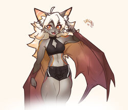  anthro athletic bat black_nose bottomwear breasts chest_tuft clothing crop_top dolphin_shorts dragonfu fangs female fur grey_background grey_body grey_fur hair hotpants long_hair long_nails looking_at_viewer mammal muscular muscular_female muscular_legs navel open_mouth open_smile orange_eyes shirt shorts signature simple_background slim small_breasts small_waist smile solo sportswear standing teeth tongue topwear tuft white_hair wings 