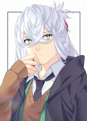  1boy akapug621 asclepius_(fate) asclepius_(my_student_council)_(fate) bad_id bad_pixiv_id collared_shirt fate/grand_order fate_(series) green_eyes hair_between_eyes hood male_focus necktie shirt sweater white_hair 