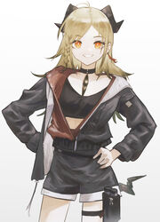  ahoge aiv arknights black_choker black_jacket black_shirt black_shorts blonde_hair choker commentary_request cowboy_shot crop_top female gradient_background grey_background highres horns ifrit_(arknights) jacket long_sleeves midriff official_alternate_costume orange_eyes shirt shorts solo standing tail thigh_strap white_background 