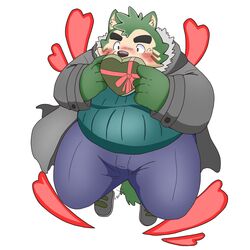  1:1 anthro belly blush candy canid canine canis chocolate dessert domestic_dog eyebrows food fur giftbox green_body green_fur heart_symbol hi_res holidays lifewonders live_a_hero male mammal mokdai overweight overweight_male puss3250 slightly_chubby solo thick_eyebrows valentine&#039;s_day 