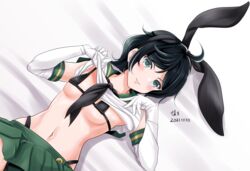  ahoge bangs black_bra black_panties bra breasts cosplay elbow_gloves female gloves green_eyes green_skirt kantai_collection lying matsukaze_(kancolle) miniskirt navel on_back panties pleated_skirt shimakaze_(kancolle) shimakaze_(kancolle)_(cosplay) short_hair skirt small_breasts solo swept_bangs thong tk8d32 underwear wavy_hair white_gloves 