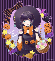  :d basket black_dress black_hair black_hat blue_eyes bow braid candy coffee_beans coffee_wo_shizuka_ni commentary_request crescent dress female food halloween hands_up hat jack-o&#039;-lantern juliet_sleeves lollipop long_sleeves looking_at_viewer miyabi_akino nail_polish orange_bow puffy_sleeves purple_nails shizuka_(coffee_wo_shizuka_ni) sidelocks smile solo star_(symbol) striped striped_background striped_bow swirl_lollipop teeth trick_or_treat twitter_username upper_teeth_only vertical_stripes wide_sleeves witch_hat 