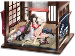  ark_order artist_request bare_legs black_hair bottle bow breasts choko_(cup) cup diorama elbow_rest female full_body grey_bow grey_sash hair_over_one_eye highres japanese_clothes katana kikumon kimono large_breasts long_hair long_sleeves official_alternate_costume official_art ookuninushi_(ark_order) parted_lips red_eyes red_kimono sake_bottle see-through see-through_shirt sheath sheathed shirt short_kimono sideboob sidelocks sitting sleeve_cuffs sleeveless sleeveless_kimono solo sword tatami transparent_background very_long_hair weapon white_shirt window wooden_wall 