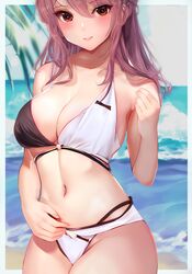  absurdres ai-generated airport96 alice_gear_aegis beach bikini black_bikini blush border breasts cleavage commentary cowboy_shot female groin highres looking_at_viewer navel ocean orange_eyes outdoors pink_hair solo swimsuit two-tone_bikini white_bikini yotsuya_yumi 