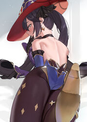  absurdres ass bare_shoulders black_choker black_gloves black_pantyhose blush choker detached_sleeves earrings female finger_to_mouth foot_up from_behind genshin_impact gloves green_eyes hat highres jewelry long_hair long_sleeves looking_at_viewer looking_back lying median_furrow mona_(genshin_impact) on_stomach pantyhose print_pantyhose red_hat shoe_soles solo sparkle_print subachi twintails very_long_hair witch_hat yellow_footwear 