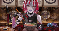  bare_shoulders black_choker black_gloves black_kimono choker chopsticks colored_skin colored_tongue commentary diamond-shaped_pupils diamond_(shape) eating fangs female fingerless_gloves food forehead_protector gloves gradient_eyes green_eyes grey_hair grey_skin heterochromia highres holding holding_chopsticks hololive hololive_indonesia japanese_clothes katana kimono kureiji_ollie kureiji_ollie_(new_year) mismatched_pupils moyomo multicolored_eyes multicolored_hair multicolored_skin nail_polish necktie ninja noodles official_alternate_hair_length official_alternate_hairstyle open_mouth patchwork_skin purple_tongue ramen red_eyes red_hair red_necktie restaurant sleeveless solo stitched_arm stitched_face stitched_torso stitches sword symbol-shaped_pupils two-tone_skin udin_(kureiji_ollie) upper_body virtual_youtuber weapon white_hair white_skin x-shaped_pupils yellow_eyes zombie 