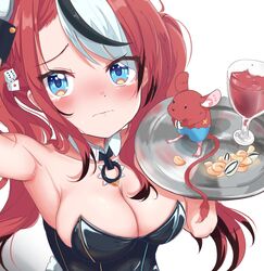  alcohol alternate_costume arm_up armpits bare_shoulders black_hair black_leotard blue_eyes blush breasts cafelittle carrying cleavage collar cup drinking_glass female furrowed_brow hakos_baelz highres hololive hololive_english large_breasts leotard long_hair looking_at_viewer looking_up mouse_girl mr._squeaks_(hakos_baelz) multicolored_hair nut_(food) playboy_bunny rabbit_tail red_hair strapless strapless_leotard streaked_hair tail tearing_up tray twintails virtual_youtuber white_background white_hair wine wine_glass 