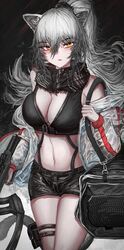  absurdres animal_ears arknights bare_shoulders black_background black_scarf black_shorts breasts cat_ears cat_girl cat_tail cleavage commentary cowboy_shot crop_top female grey_hair hair_between_eyes highres large_breasts long_hair long_sleeves looking_at_viewer midriff navel scarf schwarz_(arknights) short_shorts shorts solo stomach tail thigh_strap thighs very_long_hair vloodozer yellow_eyes 