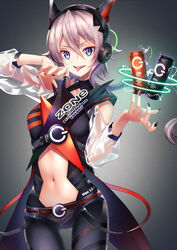  absurdres arm_up bare_shoulders belt black_pantyhose black_shirt black_shorts blue_eyes braid breasts can center_opening clothing_cutout cowboy_shot dive_to_zone energy_drink fake_horns female floating_hair fukuzawa_yukichi_(egoist867) grey_hair hair_between_eyes headphones highres horns long_hair long_sleeves looking_at_viewer medium_breasts micro_shorts multicolored_nails nail_polish navel oerba_yun_fang open_mouth pantyhose see-through see-through_sleeves shirt shorts shoulder_cutout single_braid smile solo standing stomach suspenders tongue tongue_out v-shaped_eyebrows zone_(energy_drink) 