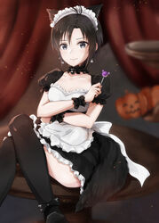  animal_ears antenna_hair black_hair candy cat_ears crossed_legs earrings female food frills grey_eyes highres idolmaster idolmaster_(classic) idolmaster_2 idolmaster_million_live! idolmaster_million_live!_theater_days jack-o&#039;-lantern jewelry kemonomimi_mode kikuchi_makoto lollipop maid maid_headdress mogskg on_table short_hair sitting smile solo table thighhighs 