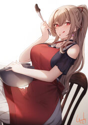  :q apron bare_shoulders blonde_hair bowl breasts chair chocolate chocolate_on_face clothing_cutout commentary_request dress earrings female food food_on_face furen_e_lustario furen_e_lustario_(2nd_costume) genyaky hair_ribbon hand_up high_ponytail highres holding holding_spoon jewelry large_breasts long_hair looking_at_viewer necklace nijisanji on_chair red_apron red_eyes red_ribbon ribbon shoulder_cutout signature sitting smile solo spoon tongue tongue_out virtual_youtuber white_dress 