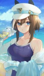  :o animal_ears beach blue_eyes blue_one-piece_swimsuit blue_sky blush bottle breasts brown_hair cheval_grand_(umamusume) collarbone commentary_request competition_school_swimsuit day ears_through_headwear female food fruit hat highres holding holding_bottle horse_ears horse_girl jacket kkokko lemon lemon_slice lens_flare medium_breasts multicolored_hair ocean off_shoulder one-piece_swimsuit open_clothes open_jacket outdoors parted_lips peaked_cap school_swimsuit short_hair single_bare_shoulder sky sleeves_past_wrists solo sparkle streaked_hair swimsuit towel tracen_swimsuit track_jacket two-tone_hair umamusume unzipped upper_body water white_hair white_hat white_jacket 