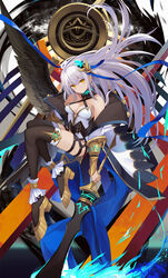  :&lt; abstract_background absurdres ankle_cuffs armor armpit_crease armpits bare_shoulders black_wings blue_fire breasts cleavage coat commentary_request earrings eruthika expressionless fantasy fire flaming_sword flaming_weapon floating frilled_cuffs gold_footwear hair_ornament head_tilt high_heels highres holding holding_sword holding_weapon jewelry long_hair looking_at_viewer neon_trim open_clothes open_coat original photoshop_(medium) pointy_ears sideboob sidelocks single_wing slit_pupils straight_hair sword thigh_strap thighhighs vambraces weapon white_coat wings yellow_eyes zero_gravity 