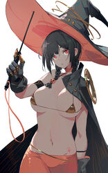  absurdres bikini black_gloves black_hair braid breasts cape choker cleavage commentary female gloves hat highres holding holding_wand huang_(volt0526) long_hair looking_at_viewer navel original pink_eyes simple_background solo swimsuit twin_braids wand white_background witch witch_hat 