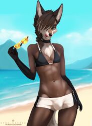  2023 anthro beach bedroom_eyes bikini bikini_top brown_body brown_fur brown_hair bulge canid canine choker clothed clothing cloud crossdressing detailed_background digital_media_(artwork) digital_painting_(artwork) eyewear femboy foshka fur gloves_(marking) hair hi_res jewelry licking licking_lips looking_at_viewer male mammal mane maned_wolf markings mountain multicolored_body multicolored_fur multicolored_hair narrowed_eyes necklace outside seaside seductive skimpy sky solo sunglasses swimwear syncbanned tan_body tan_fur tan_hair text tongue tongue_out url water 