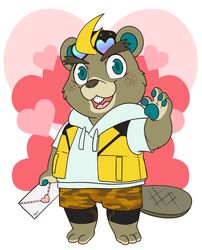  animal_crossing anthro beaver blonde_hair blue_eyes buckteeth c.j._(animal_crossing) eyewear eyewear_on_head hair heart_sunglasses hi_res male mammal nintendo pawpads rodent short_stack solo sunglasses sunglasses_on_head tbid teeth 