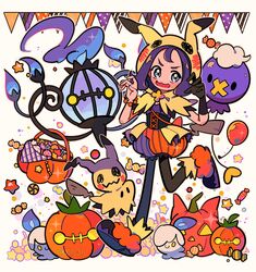  acerola_(fall_2020)_(pokemon) acerola_(pokemon) balloon bead_bracelet beads black_legwear blush_stickers bracelet capelet chandelure chueog commentary drifloon female flipped_hair gloves halloween_bucket hands_up highres hood hooded_capelet jewelry leg_up litwick medium_hair mimikyu multicolored_footwear official_alternate_costume open_mouth orange_bracelet orange_shorts pantyhose pantyhose_under_shorts pokemon pokemon_(creature) pokemon_masters_ex pumpkin purple_hair shoes shorts single_glove smile striped_clothes striped_shorts themed_object tongue twitter_username vertical-striped_clothes vertical-striped_shorts waist_cape 