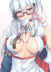  azur_lane bespectacled blush breasts butterfly_hair_ornament center_opening choker cleavage_cutout clothing_cutout commentary cosplay dunkerque_(azur_lane) female glasses gloves grey_hair hair_ornament half_gloves highres id_card lanyard large_breasts looking_at_viewer mouth_hold nurse official_alternate_costume perseus_(azur_lane) perseus_(azur_lane)_(cosplay) perseus_(unfamiliar_duties)_(azur_lane) pink_gloves red-framed_eyewear red_eyes rei_(09991) sidelocks syringe upper_body 