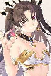  akapug621 armlet bad_id bad_pixiv_id black_hair bow breasts cleavage earrings fate/grand_order fate_(series) female gem gold_trim hairbow hoop_earrings ishtar_(fate) jewelry one_eye_closed red_eyes smile sparkle twintails two_side_up 