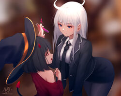  2girls aged_down angel angel_and_devil angel_girl_(shimmer) arm_up artist_name bent_over black-haired_demon_girl_(shimmer) black_hair black_headwear black_necktie black_skirt blue_eyes blurry blurry_background collared_shirt commentary demon_girl demon_horns demon_tail halo hat highres holding holding_another&#039;s_wrist horns long_hair looking_at_another medium_hair multiple_girls necktie original pantyhose potion red_horns red_shirt shimmer shirt signature skirt smile symbol-only_commentary tail white_hair white_shirt witch_hat yuri 