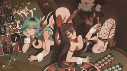  2girls absurdres amber_(genshin_impact) animal_ears backless_leotard backless_outfit baron_bunny_(genshin_impact) black_hairband black_headband black_leotard blue_hair body_writing breasts brown_eyes brown_hair cleavage detached_collar eula_(genshin_impact) fishnet_thighhighs fishnets genshin_impact hair_between_eyes hair_ribbon hairband headband highres large_breasts leotard long_hair looking_at_viewer medium_hair ming_chen multiple_girls playboy_bunny rabbit_ears red_ribbon ribbon smile strapless strapless_leotard tally thighhighs thighs wrist_cuffs yellow_eyes 