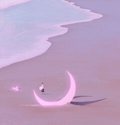  beach crescent_moon female glowing moon morncolour ocean original sand scenery star_(sky) surreal water 