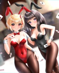  2girls absurdres ace_(playing_card) ace_of_clubs ace_of_hearts ace_of_spades animal_ears black_hair black_leotard blonde_hair bow bowtie breasts card cleavage club_(shape) commission covered_navel detached_collar dutch_angle fishnet_pantyhose fishnets heart highres inoue_takina itacho_(itasha_draws) leotard long_hair lycoris_recoil medium_breasts multiple_girls nishikigi_chisato pantyhose playboy_bunny playing_card purple_eyes rabbit_ears red_bow red_bowtie red_eyes red_leotard short_hair spade_(shape) strapless strapless_leotard thigh_gap wrist_cuffs 