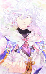  1boy akapug621 closed_eyes earrings fate/grand_order fate_(series) feather_earrings feathers hood jewelry male_focus merlin_(fate) parted_lips petals smile tassel upper_body white_hair 