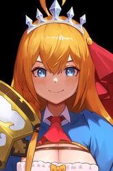  ahoge ascot black_background blue_eyes blush bow braid breasts cleavage closed_mouth collared_shirt commentary_request eyebrows_hidden_by_hair female hair_between_eyes hair_ornament hair_ribbon korean_commentary large_breasts long_hair looking_at_viewer moth1 orange_bow orange_hair pecorine_(princess_connect!) photoshop_(medium) princess_connect! puffy_short_sleeves puffy_sleeves red_ascot red_ribbon ribbon shirt short_sleeves side_braid simple_background smile solo tiara upper_body v-shaped_eyebrows white_ribbon 