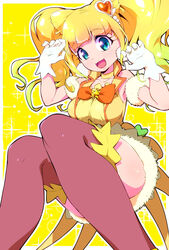  :d blonde_hair blue_eyes bow bowtie brooch brown_thighhighs choker cone_hair_bun cure_sparkle double_bun female gloves hair_bun hair_ornament healin&#039;_good_precure heart heart_hair_ornament highres hiramitsu_hinata jewelry looking_at_viewer magical_girl open_mouth orange_bow precure ryuuta_(cure_ryuuta) skirt smile solo sparkle star_brooch thighhighs white_gloves yellow_background yellow_bow yellow_bowtie yellow_theme 