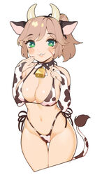  :3 animal_ears animal_print bell bikini black_choker black_ribbon breasts bridal_gauntlets bright_pupils brown_hair choker collar commentary commission cow_ears cow_girl cow_horns cow_print cow_print_bikini cow_tail cowbell cowboy_shot cropped_legs elbow_gloves english_commentary female gloves green_eyes halphelt hand_up highleg highleg_bikini highres horns legs_together looking_at_viewer navel neck_bell neck_ribbon original parted_lips pink_lips ponytail print_bikini ribbon simple_background smile solo standing swimsuit tail thigh_gap two-tone_ribbon white_background white_pupils white_ribbon 