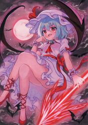  arm_up ascot bat_(animal) bat_wings blue_hair blush bow breasts cloud cloudy_sky collared_dress commentary_request crossed_legs dress female floating_hair gem green_gemstone hair_between_eyes hat hat_ribbon high_heels highres kittona leg_ribbon light_blue_hair looking_at_viewer mob_cap moon night night_sky oerba_yun_fang open_mouth partial_commentary puffy_short_sleeves puffy_sleeves red_ascot red_bow red_eyes red_footwear red_moon red_ribbon remilia_scarlet ribbon shoes short_hair short_sleeves sky small_breasts solo spear_the_gungnir teeth thighs tongue touhou traditional_media upper_teeth_only watercolor_pencil_(medium) wing_collar wings wrist_cuffs 