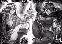  2girls abs age_progression aged_down ankle_boots aura before_and_after boots breasts cape closed_mouth crown diadem dual_persona empty_eyes gloves greyscale hair_between_eyes hand_on_hilt hand_up highres holding holding_sword holding_weapon large_breasts long_hair looking_at_viewer monochrome multiple_girls multiple_scars muscular muscular_female pants planted planted_sword ramia-yana ramia_(ramia-yana) scar signature sitting skin_tight smile sword the_golden_smurf weapon 