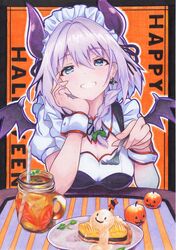  bat_earrings bat_wings blue_eyes blush border braid breasts cake cake_slice cleavage cup dot_nose drinking_straw earrings elbow_rest english_text female food fork frills grey_hair hair_ribbon halloween halloween_costume hand_on_own_face highres izayoi_sakuya jack-o&#039;-lantern jewelry juice kittona looking_at_viewer maid_headdress medium_breasts medium_hair mug orange_juice plate puffy_short_sleeves puffy_sleeves ribbon short_sleeves smile solo table touhou traditional_media tress_ribbon twin_braids upper_body watercolor_pencil_(medium) wings wrist_cuffs 