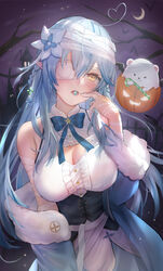  ahoge bandaged_arm bandaged_hand bandaged_head bandages bare_tree blue_bow blue_bowtie blue_coat blue_hair blush bow bowtie braid breasts candy candy_cane center_frills cleavage cleavage_cutout clothing_cutout coat colored_tips commentary corset crescent_moon daifuku_(yukihana_lamy) eyepatch female flower food food_in_mouth frills fur-trimmed_coat fur_trim hair_between_eyes hair_flower hair_ornament half_updo heart heart_ahoge himonoata hololive large_breasts long_hair long_sleeves looking_at_viewer medical_eyepatch moon multicolored_hair night off_shoulder open_clothes open_coat open_mouth pointy_ears shirt sleeveless sleeveless_shirt solo streaked_hair tree very_long_hair virtual_youtuber white_footwear white_shirt yellow_eyes yukihana_lamy yukihana_lamy_(1st_costume) 